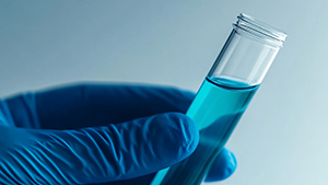 Hand in blue nitrile glove holding a test tube or beaker filled with a clear blue liquid.