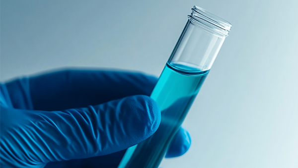 Hand in blue nitrile glove holding test tube of clear blue liquid.